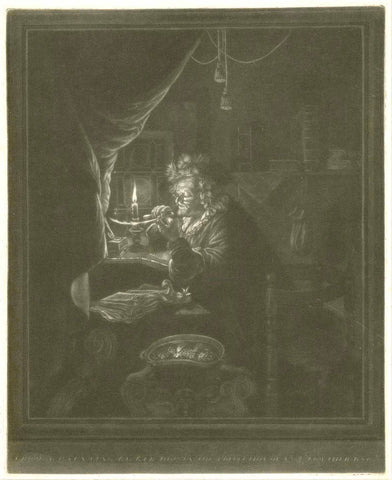 Journalism - Book author - academic scholar  No title.  A scholar (Journalist, book author, teacher, critic, satirist) fastidiously sharpening a quill pen by candle light.  Velvety mezzotint of the finest quality.  After the painting by Gerard Dow (1613-1675)  Original antique print , interior design, wall decoration, ideas, idea, gift ideas, present, vintage, charming, special, decoration, home interior, living room design