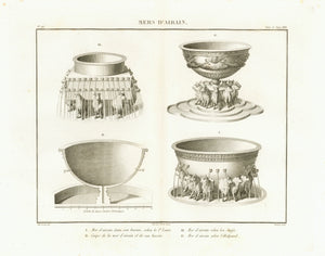 "Mers d'Airain"  The brazan sea - Ehernes Meer  It was a bronze basin in the Solomonic Temple in Jerusalem, made for ablution of the priests.  Copper etching by Adam after the drawing by Martin  Published in "Saint Bible de Vence" by Abbe Henri-Francois de Vence  Paris, 1827