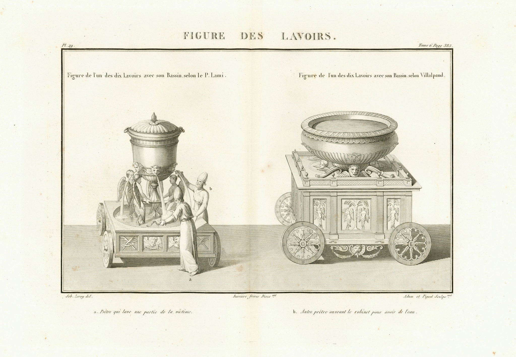 "Figure des Lavoirs"  Mobile Wash Basins (Wash places).  Copper etching by Adam after the drawing by Martin.  Published in "Saint Bible de Vence" by Abbe Henri-Francois de Vence Paris, 1827 Very good condition. Some scattered foxing spots in margins. Vertical centerfold to fit original book size.