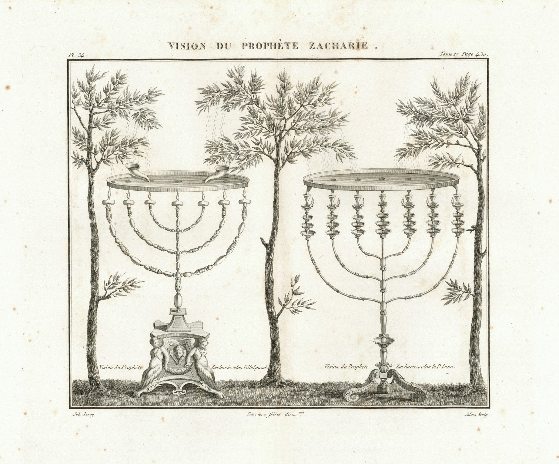 Menorah and Olive trees. Part of the 7 visions of the prophet Zachary in the book "Protosacharja".  Left side of print: Vision of Zachary according to Villalpand  Right side of print: Vision of Zachary according to P. Lami  Copper etching by Adam after the drawing by Leroy  Published in "Saint Bible de Vence" by Abbe Henri-Francois de Vence  Paris, 1827