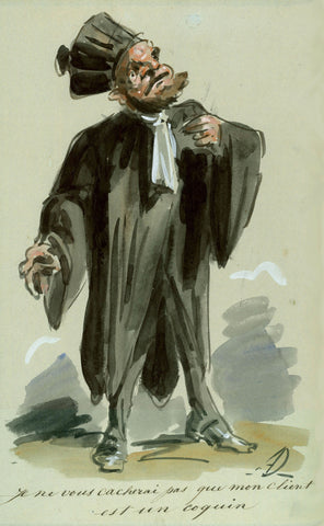 "Je ne cous cacherai pas que mont client est un coquin"  Attorney in his summation (final speech)  I won't conceal from you, that my client is a Pascal -  Ich werde ihnen nicht verheimlichen, dass mein Mandant ein Spitzbube ist  Black ink drawing with spare use of color  Monogram at bottom right: AD  On grayish paper. Laid down on cardboard  Possibly executed in style of an exiting paragon.  Minimal traces of age and use.  Ca. 1960