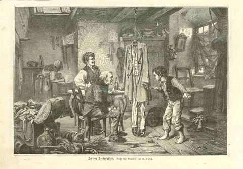 "In der Diebeshöhle"  (Thieve's den)  Wood engraving after the painting by Ernst Bosch (1834-1917)  Big brother is watching as Grandpa, the old experienced pick pocket, is teaching his little brother the sophistication and delicacy of stealing money from the pocket of an unwitting victim. A moveable puppet is used with bells all over, and the little apprentice has to steal from a pocket without any of the bells betraying the hoodlum. It seems he is in an advanced program of his trade...