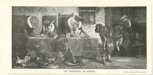 "Un tribunal de singes"  Courtroom - monkeys hold tribunal  Wood engraving after Paul Friedrich Meyerheim (1842-1915)  Published in a Belgian periodical 1894  Original antique print  