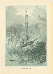 "Stuermisches Meer" (stormy sea)  Toned wood engraving published 1892.  Original antique print 