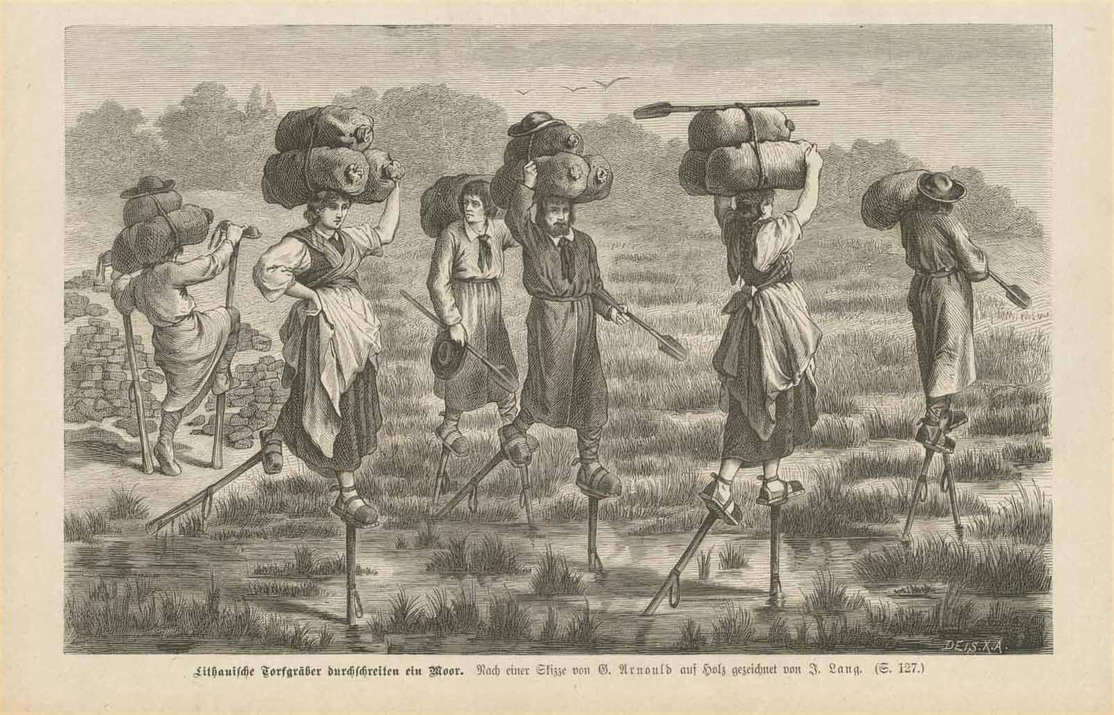 "Lithauische Torfgraeber durschschreiten ein Moor" (Lithuanian peat diggers walk through a moor)  Wood engraving after Arnould and Lang published 1879.  Original antique print  