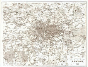 "Gegend von London 1849." Steel etching from the Schweinfurter Geograph. Graviranstalt for "Neuster Zeitungs Atlas. Alter und Neuer Erdkunde" by J. Meyer, ca 1855.  City plan with London in the center and the surrounding area. In the upper left corner is Kenton and Preston. In the lower left corner is Petersham and Richmond Park. Eltham and Mollingham are in the lower right and Hedgeman and Fernhall are in the upper right corner.
