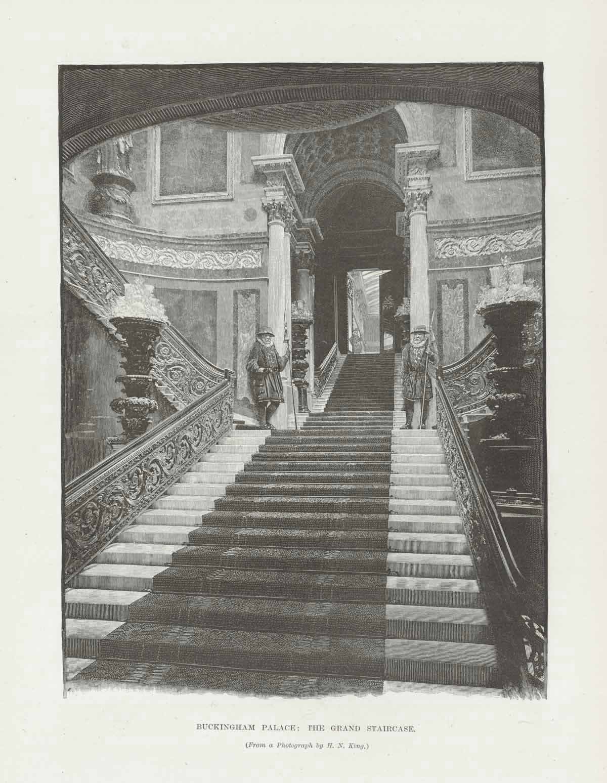"Buckingham Palace: The Grand Staircase"  Wood engraving made after a photograph by H. N. King. Published 1895. Reverse side is printed.