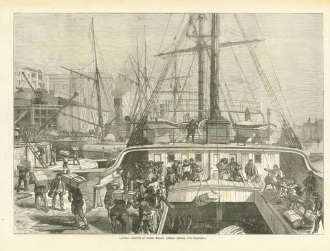 "Landing Oranges at Fresh Wharf, London Bridge, for Christmas"  Fine wood engraving published 1874.  Original antique print   On the reverse side is a short article about the oranges being unloaded for Christmas., interior design, wall decoration, ideas, idea, gift ideas, present, vintage, charming, special, decoration, home interior, living room design