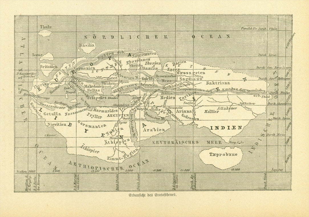 "Erdansicht des Eratosthenes"  Wood engraving of a map by Eratosthenes (270-190 B.C.). On the reverse side is text (in German) about the work of Eratosthenes using astronomy to understand the geography of the earth. Published 1881. Natural age toning.