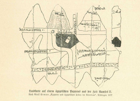 Antique map. "Landkarte auf einem aegyptischen Papyrus aus der Zeit Ramses II" (Original map made at the time of Ramses II on papyrus)  This wood engraving map after Adolf Erman was first published in 1877.  Original antique print    For a 30% discount enter MAPS30 at chekout 