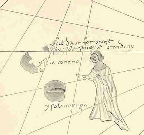 "Der heilige Brandanus auf der Weltkarte der Bruder Pizzigani vom Jahre 1367"  Wood engravng of St. Brandanus standing in the Atlantic Ocean looking at the Canary Islands. This image is taken from the famous Pizzigiani (Pizzigiano) Portolan Chart of 1367. This image was published about 1900.  Original antique print    For a 30% discount enter MAPS30 at chekout 