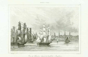 "Vue de Boston depart de la flotte Anglais"  Steel engraving 1834.  Original antique print 