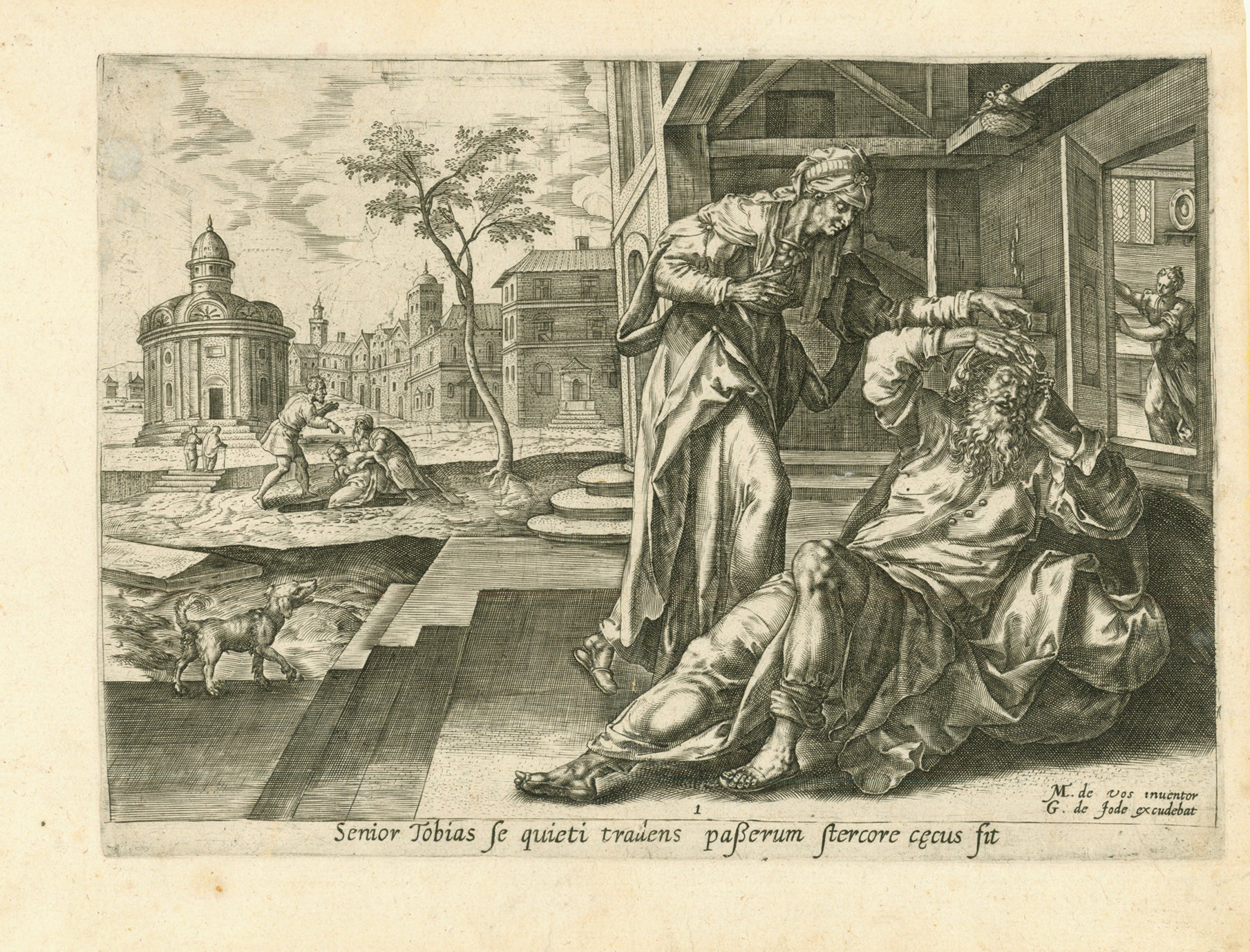 Tobias blinded by bird droppings  Copper etching by Gerard de Jode (1509, possibly 1517-1591)  After the drawing by Marten de Vos (1532-1603)  Published in "History of Tobias" 1582-1585  This are first edition of the series about the life of Tobias was published in the years 1582-1585. Gerard de Jode was the engraver. A second edition was engraved by Nicolaes Visscher (1618-1679). It is the Visscher series which is more frequently found.  Lower right: M. de Vos inventor. And below: G. de Jode excudebat.