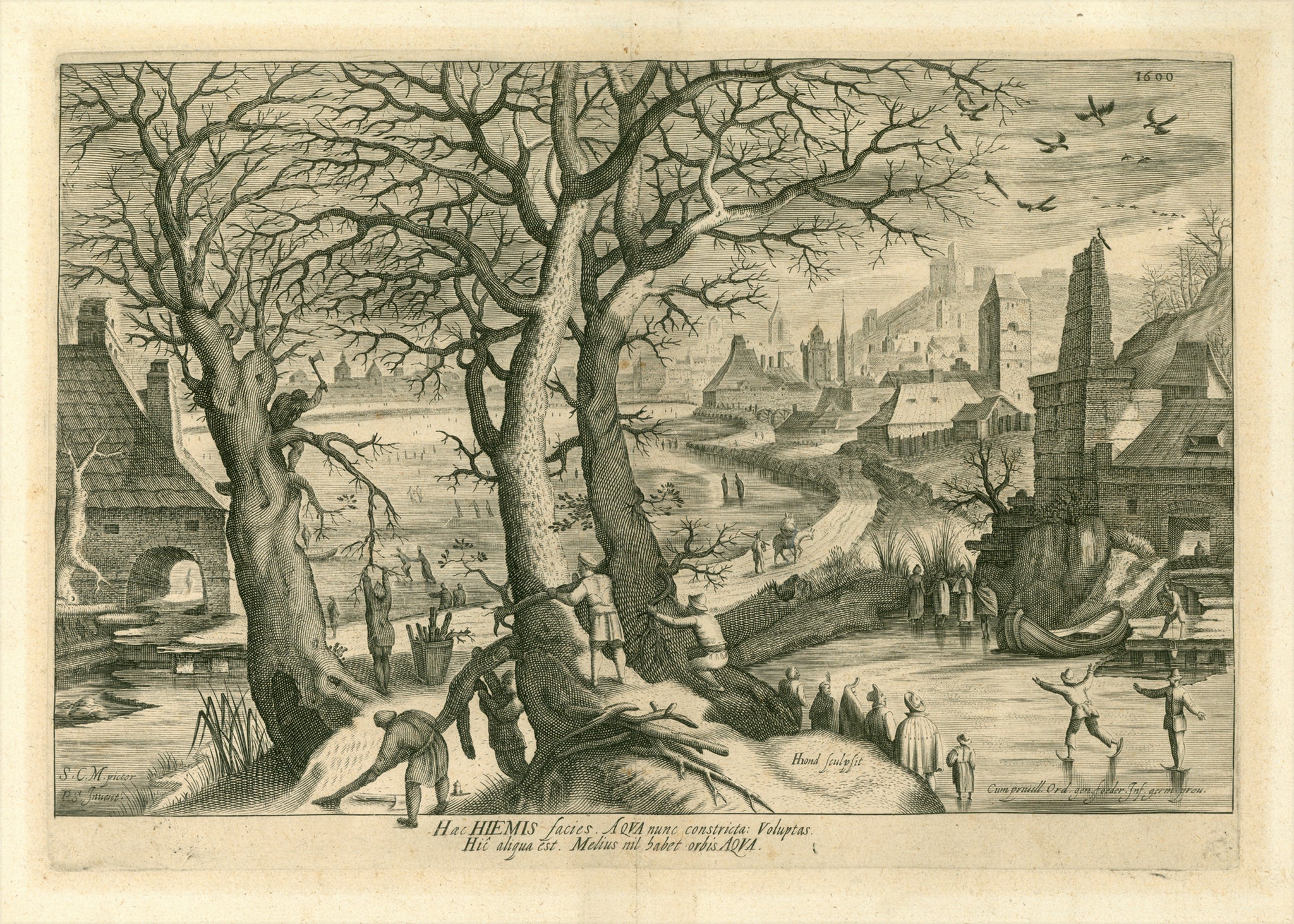 "Hac Hiemis facies. Aqua nunc constricta: Voluptas Hic aliqua est. Melius nil habet orbis Aqua"  Copper etching by Hendrik de Hondt, the older (1573-1649) - Engraver, artist and publisher  Lower left corner monograms: S.C.M pictor and PS invent  Lower right corner: Cum privill. Ord. ten. fodder. Inf. germ. prov.  Translation: Here we see the face of winter. The water is now frozen. Da gibt es Vergnügen. Gut, sass es Wasser gibt. (Very superficially translated)  Latanized the Hondius family was an important 