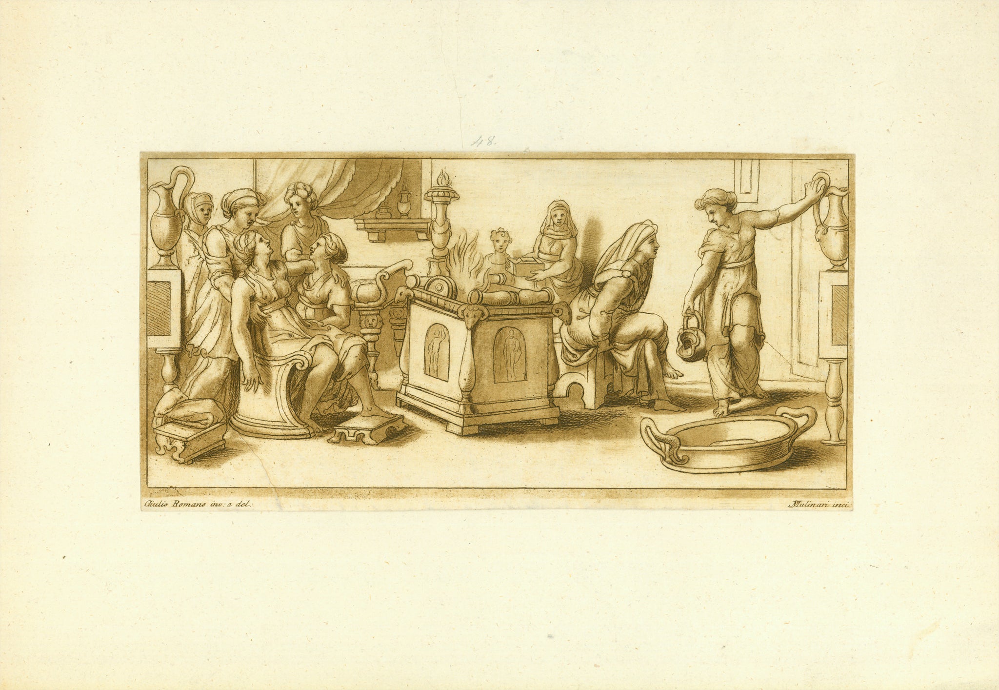 No title. Scene of a midwife and all female helpers to prepare for the giving birth of a pregnant woman in Roman imperial times.  An interesting etching for the profession of a midwife.  Copper etching in sepia ink manner by Stefano  Mulinari (ca. 1741-1790)  After the drawing by Giulio Romano (1499-1546)  Ca. 1820 (this being a guess with small leeway to both sides)