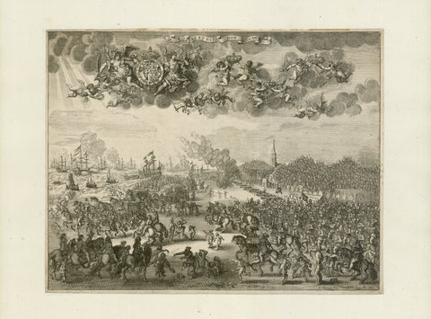 "Quo fas et fata nos vocant"  English: Where divine Law and Fate challenge us!  Copper etching by Pierre Philippe (born? - 1664)  After Adriaen Pietrsz van de Venne (1589-1662)  The scene shows the embarkment of King Charles II of Great Britain as he arrives with great pomp at the port for sailing from Schevneningen in the Netherlands back to England. A large crowd greeting him.  The sky full of putti and, upper left side, coat of arms "Order of the Garter": Honi soit qui mal y pense. Shame on him who think