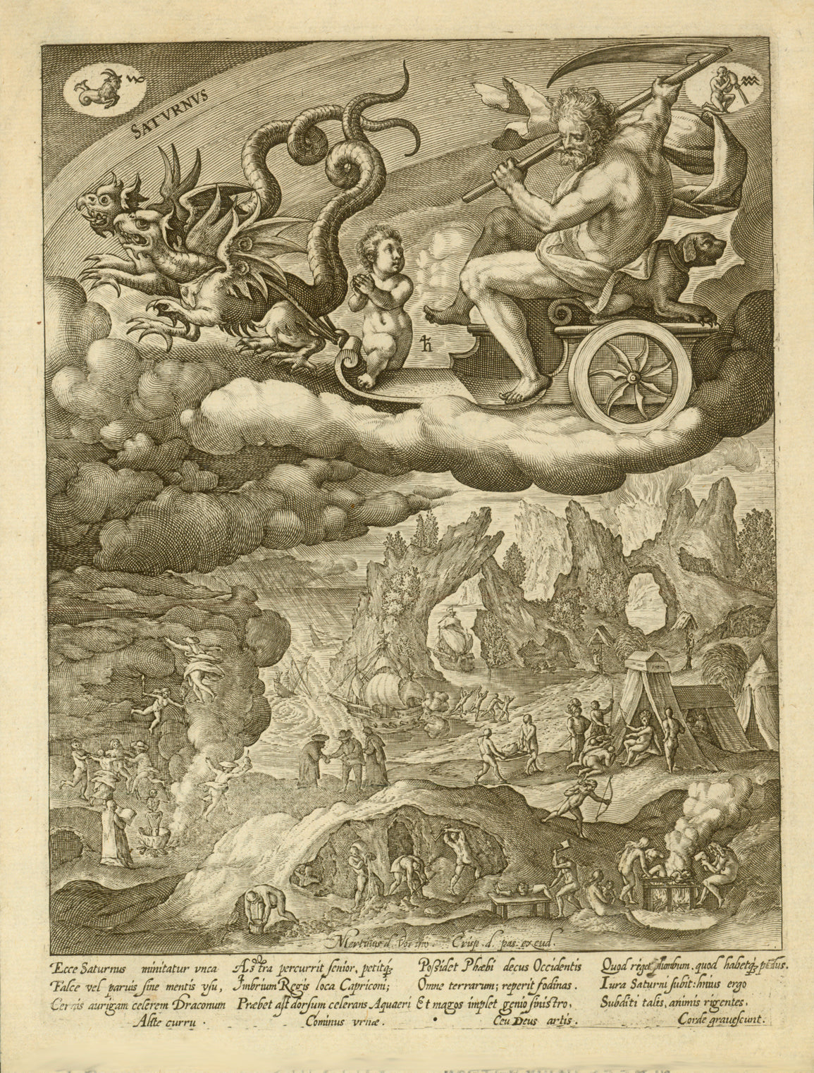 Copper etching by Marten de Vos (1532-1603)  After the drawing by Crispijn (also Crispin) van de Passe (1564-1637)  Saturnus swinging a scythe on his chariot pulled by two mythical creatures (winged dragons) through the clouds.  Below emblematically depicted men working in a lead  mine, a war ship, cannibals having dinner, witches and many other hard to explain hints. In the upper corners we have astrological images of Capricorn (left) and Aquarius (right)