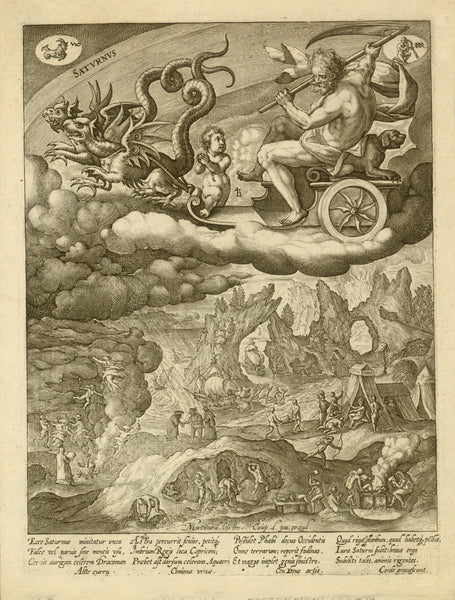Copper etching by Marten de Vos (1532-1603)  After the drawing by Crispijn (also Crispin) van de Passe (1564-1637)  Saturnus swinging a scythe on his chariot pulled by two mythical creatures (winged dragons) through the clouds.  Below emblematically depicted men working in a lead  mine, a war ship, cannibals having dinner, witches and many other hard to explain hints. In the upper corners we have astrological images of Capricorn (left) and Aquarius (right)