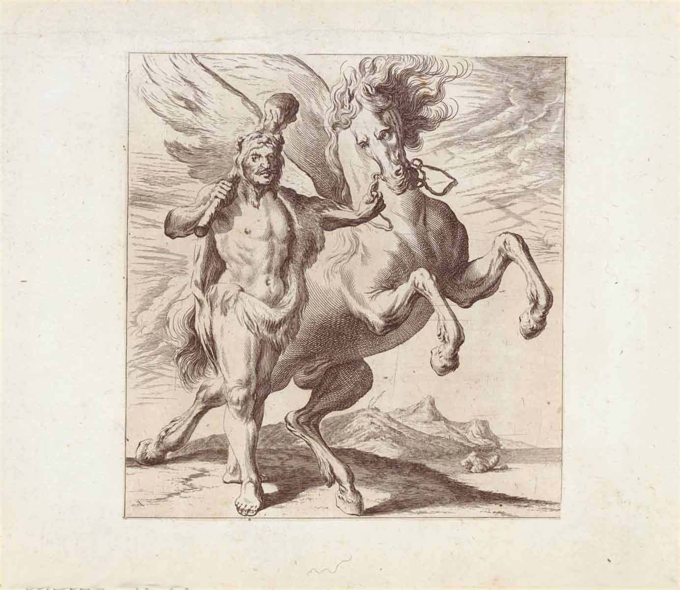 No title. - Winged stallion led by a Celtic type, fur clad man with a club over his shoulder.  Herkules?  Copper etching by Melchior Kuesel (1626-1684)  Augsburg, 1671  Original antique print , Hercules?