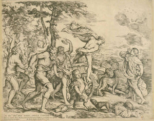 Bachanal - with Bacchus surrounded by fauns and a happy group of celebrants.  Bacchus (Dionysos) jumping from his chariot pulled by panthers,  finds Ariadne of Naxos  Copper etching by Giovanni Andrea Podesta (1608-1674)  After the painting by Tizian  Dedicated to Fabio della Corgna (Fabio della Cornia 166-1643) an Italian painter of early baroque  Published by Carlo Losi.  Rome, dated 1774