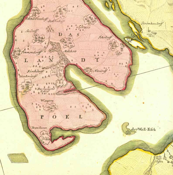 "Particulier Carle der Gegend von Wismar nebst der Insel Poel und angedeuteter Blockade zu Wasser und Landa 1715"  Attractive copper etching with fine, original hand coloring.  Published by Johann Baptist Homann (1664-1724). Nuremberg, ca. 1725  Original antique print 