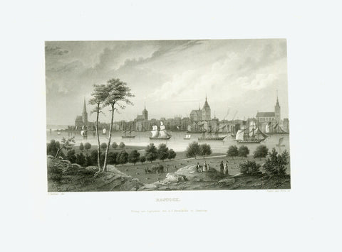 "Rostock"  Very fine steel engraving by Poppel and Kurz after J. Gottheil. Rare!!  Published ca 1850 by Behrendsen in Hamburg.