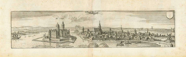 "Wollgast" (Wolgast)  Copper engraving by Matthias Merian 1633. Published in "Theatrum Europeum".  This print is the upper part of a larger print showing the occupation of the Swedes in 1630.  Original antique print , interior design, wall decoration, ideas, idea, gift ideas, present, vintage, charming, special, decoration, home interior, living room design