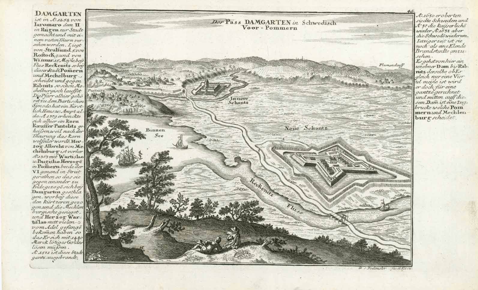 Antique print, Antiker Stich, Damgarten - Mecklenburg-Vorpommern  Ribnitz-Damgarten. - "Der Pass Damgarten in Schwedisch Voor-Pommern"  Damgarten, Ribnitz, Ruegen, Mecklenburg-Vorpommern, Recknitz,  Bernsteinmanufaktur  Kupferstich von Gabriel Bodenehr (1664-1758) (Copper engraving by Gabriel Bodenehr (1664-1758) Center Damgarten mit Befestigungsanlagen. Links und rechts  ausserhalb der Darstellung Legende mit historischen Fakten.