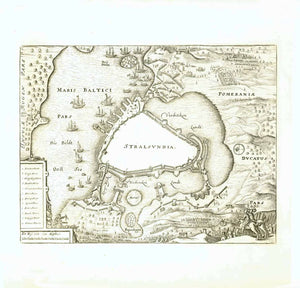 "Stralsundia"  Fine copper engraving of Stralsund by Merian published 1633. In the upper left is part of Ruegen.  Original antique print    For a 30% discount enter MAPS30 at chekout 