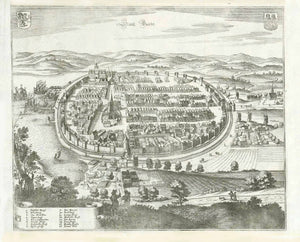Barth. - "Statt Bardt"  Copper etching. Published in "Topographie Saxoniae Inferiores"  By Matthaeus Merian (1593-1650)  Frankfurt on the Main, 1653  Original antique print   Half bird's eye view of this Pommeranian town.