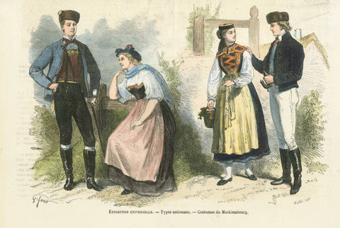 Trachten, Mecklenburg, "Exposition Universelle. - Types nationaux. - Costumes du Mecklembourg"  Wood engraving published 1862.  Original antique print  