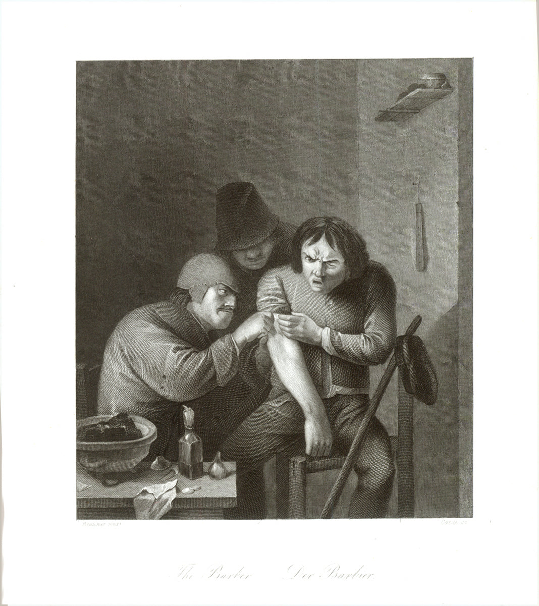Surgeon. - "Le Barbier - The Barber - Der Barbier" (Surgeon at work)  A surgeon (barber) takes care of a wounded arm.  Steel engraving by A. Carse after the painting by Adriaen Brouwer  Dresden, ca. 1850