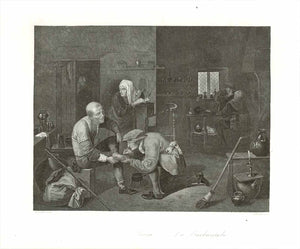 Foot doctor - Orthopedist  "The Barber's Room - Die Barbierstube"  Performing surgery on the foot of of a man.  Steel engraving by F.A. Schroeder after the painting by Brower  Original antique print 