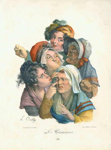 Eyes. - "Les Grimaces"  Hand-colored lithograph by Louis Boilly (1761-1845)  Paris, 1823/24  Boilly published in 1824 his series of "Les Grimaces", of which this print of women's eyes is a typical example: A group of heads piling up with facial expressions: Here the focus is on the human eye from smile to horror.  Original antique print 