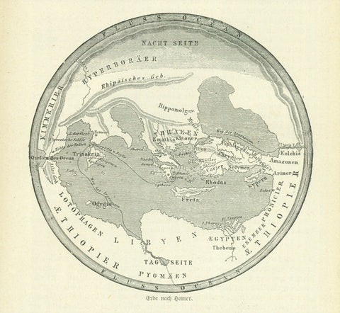 "Erde nach Homer"  Wood engraving map on a page of text about early exploration travels in the Mediterranean. The text continues on the reverse side. Above Africa is the island "Ogygia", a mythical island that possibly was Gozo, Malta or other islands known to Homer. A dotted line shows Homer's travel route in the Mediterranean. Published 1881.