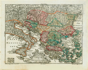 "Tabula Danubii Greciae et Archipelagi"  Copper engraving map by Tobias Conrad Lotter (1717-1777) after Tobias Lobeck for the "Atlas Geographicus portabilis" (pocket-size atlas) published 1760-1762. Original hand coloring.  Serbia outlined in orang is at the center of this map that shows the course of the Danube. In the upper left is Bohemia and Bavaria with Regensburg, Ingolstadt and Munich. Greece with its many islands and western Turkey fill the eastern Mediterranean Sea.