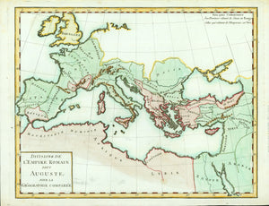 "Divisions de L'Empire Romain sous auguste: pour la Geographie Cpmparee"  Anonymous copper engraving ca 1750. Pleasant hand colouring. 