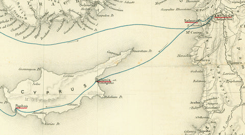 "Map of the Countries adjacent to the Corner of the Mediterranean to Illustrate the Early Passages of St. Paul's Life and his First Journey"  Steel engraving map by H. Hughes, Aldine Chambers at Paternoster Row. Published 1854.  Routes of St. Paul's journey are shown in blue. Important stops are red underlined.