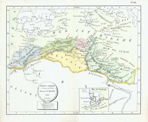 "Afrique ancienne a l'usage des Colleges"  For a 30% discount enter MAPS30 at chekout   Hand-colored lithograph showing the Western Mediterranean See with focus on North Africa. Place names and names of political divisions are Antique French. There is a small inset of the area of ancient Cartago.  Map does not disclose author. But the publisher was Librairie de Hachette and dated Paris, 1833.  Original antique print  