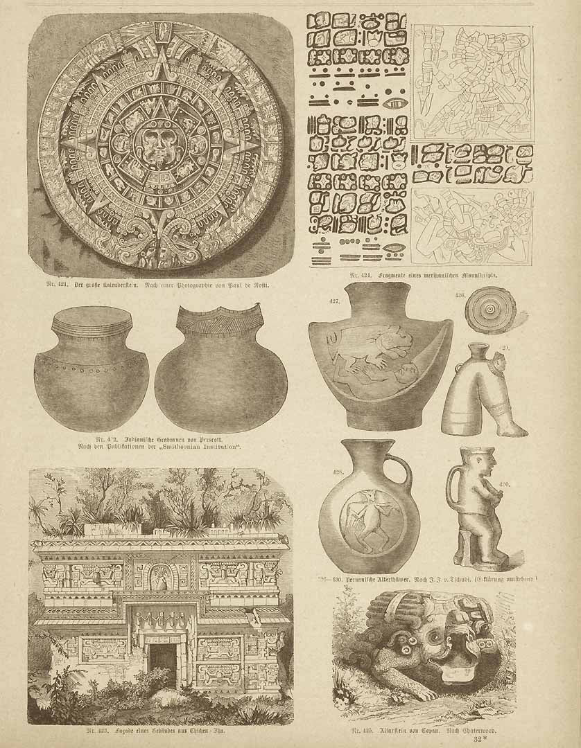 Calendar, Chichen-Itza, Copan  Wood engravings published 1875. On the reverse side is text (in German) about history and archeology of Mexico.  Original antique print 