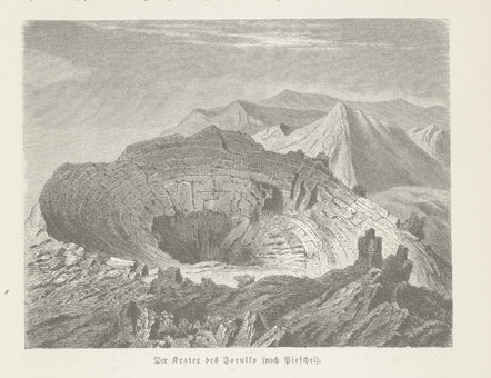 "Der Krater des Jorullo"  Wood engraving on a page of German Test that continues on the reverse side about the volcano Jorullo. On the reverse side is also a small diagram of the mountain with a plan of the small craters. Published ca 1880.  Original antique print 