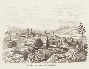 "Nordansicht von La Puebla"  Puebla, Heroica Puebla de Zaragoza, Talavera Fliesen, Cholula, Orizaba  Copper etching published 1836  Original antique print  