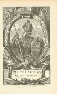 "Muteczuma" "Rex ultimus Mexicanorum"  Wood engraving made after an older copper engraving. Published 1881.  Overall light natural age toning.  Image: 17.5 x 10.5 cm (6.8 x 4.1")  Original antique print 