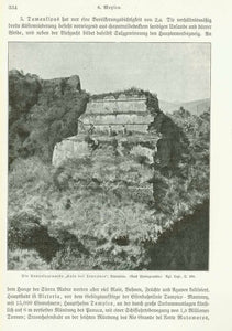 "Die Tempelpyramde "Casa del Tepozteca" Tepoztlan"  Wood engraving made after a photograph 1904. The image is on a page of German text about Yucatan, Campeche, Tabasco Veracruz and ruins of Mexico that continues on the reverse side.  Original antique print 