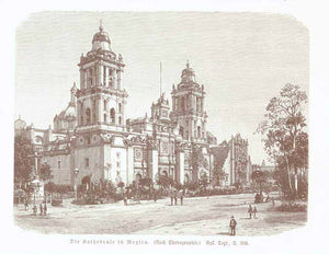"Die Kathedrale in Mexico"  Wood engraving made after a photograph 1904. The image is on a page of German text about Mexico that continues on the reverse side.  Original antique print , interior design, wall decoration, ideas, idea, gift ideas, present, vintage, charming, special, decoration, home interior, living room design
