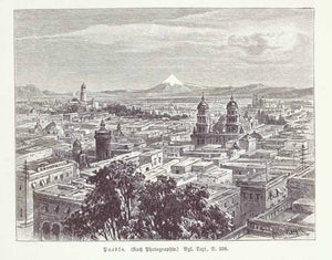 "Puebla"  Wood engraving made after a photograph. Published 1904. Image is on a page of German text about Puebla, Tlacala, Hidalgo and other parts of Mexico that continues on reverse side.  Original antique print , interior design, wall decoration, ideas, idea, gift ideas, present, vintage, charming, special, decoration, home interior, living room design