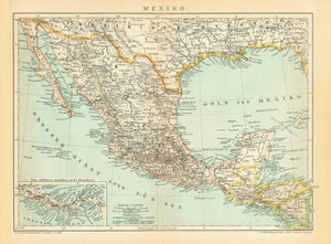 "Mexico"  Chromolithograph map of Mexico and Central America.published in Brockhause ca 1900. In the lower left corner is a detailed inset map of Costa Rica.  Original antique print , interior design, wall decoration, ideas, idea, gift ideas, present, vintage, charming, special, decoration, home interior, living room design