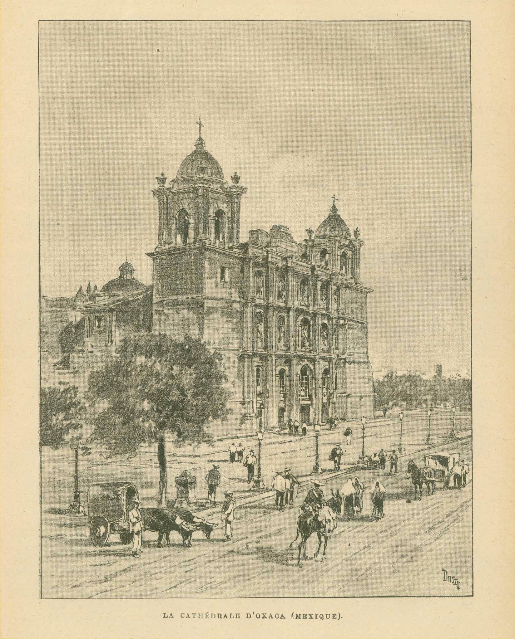 "La Cathedrale D'Oxaca (Mexico)" (Oaxaca)  Zincograph published ca 1890.  On the reverse side is a small image of Popocateptl and text about Mexico.  Original antique print  