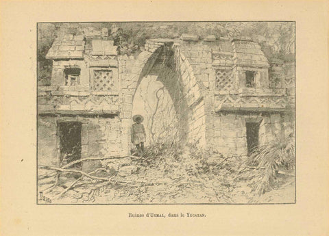 "Ruines d'Uxmal, dans le Yucatan"  Mexico, Mexiko, Uxmal, Yucatan, Maya  Wood engraving published ca 1890.  Original antique print  