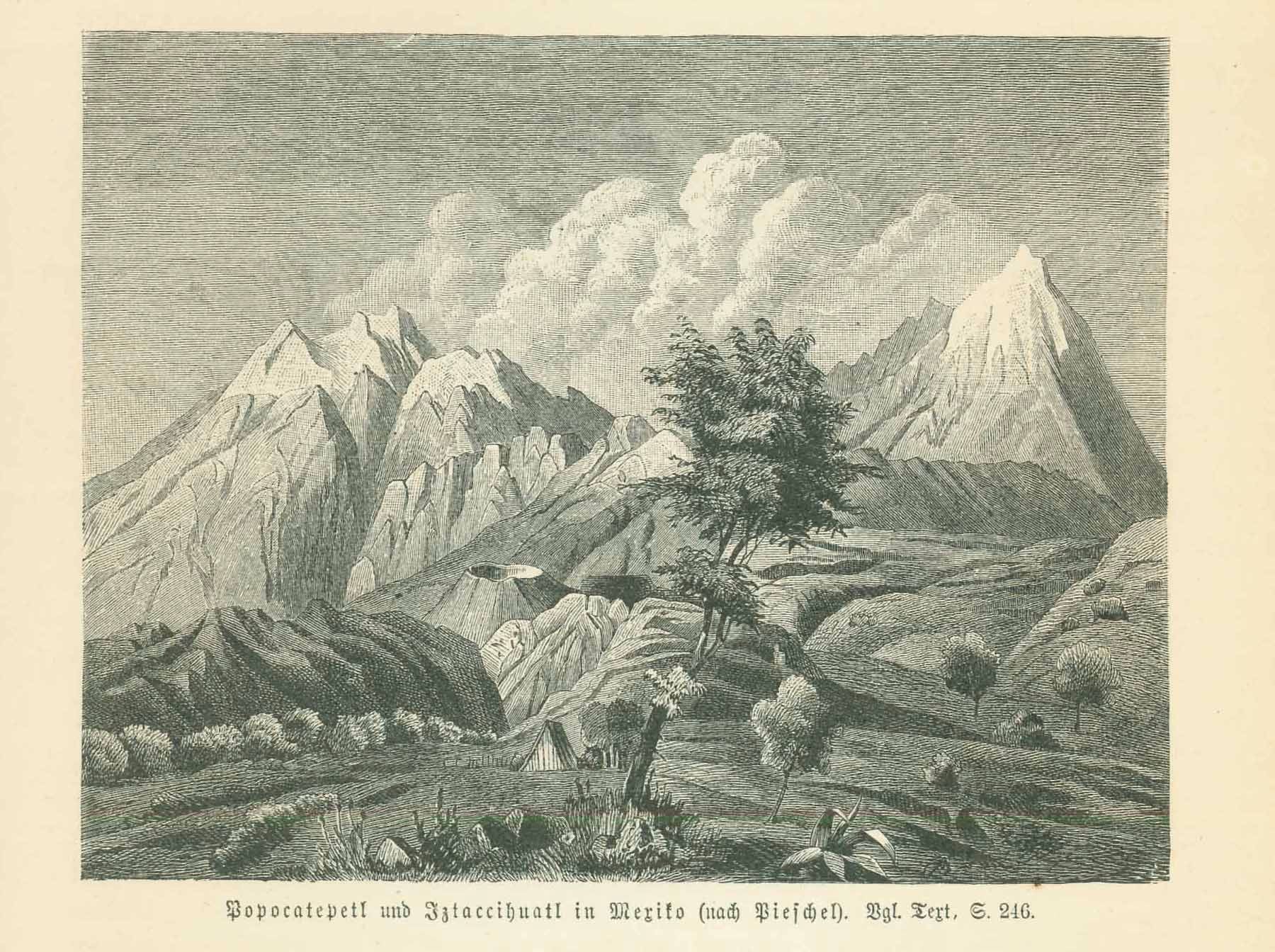 "Popocatepetl und Iztaccihuatl in Mexiko"  Wood engraving on a page of text about Mexico that continues on the  reverse side. On the reverse side is also an image of the volcano Jorullo. Published ca 1885.  Original antique print  